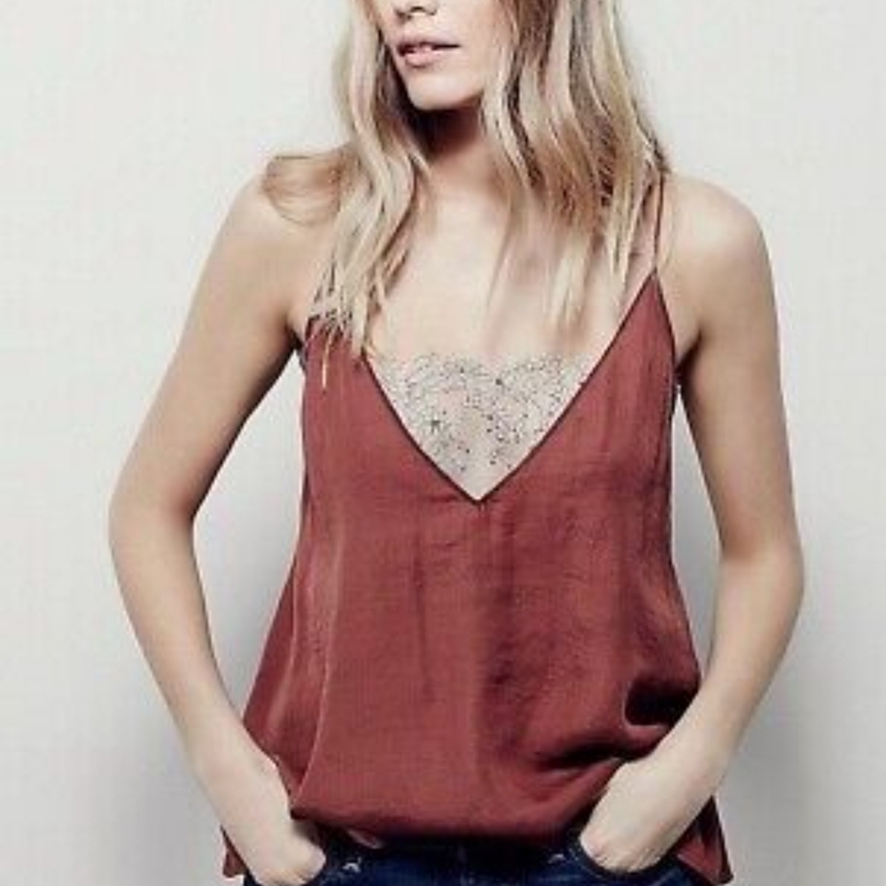 Free People Deep V Bandeau Tank Top in Copper Red